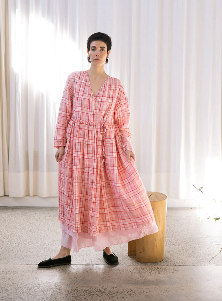 Metta Melbourne: Amelie Wrap Dress - Light Linen - Red & Pink Check
