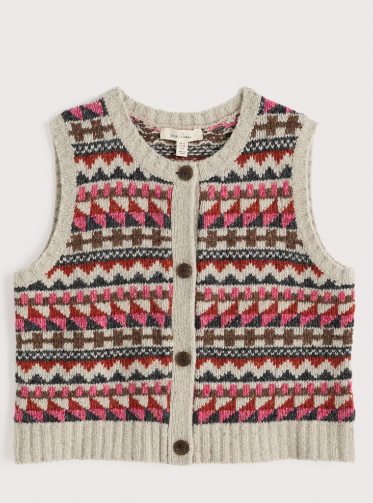 Seasalt Cornwall, Dawson Pick Vest Fairisle, Zig Zag Geo Aran Red Sail