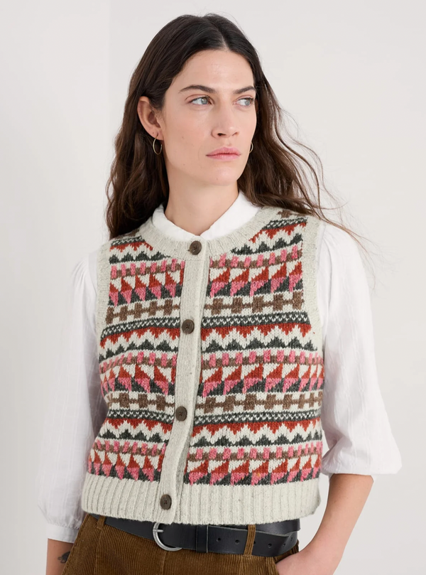 Seasalt Cornwall, Dawson Pick Vest Fairisle, Zig Zag Geo Aran Red Sail